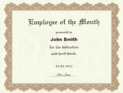 Employee of the Month Certificate Printed from Our Template